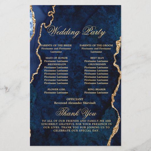 Blue Golden Marble Agate Wedding Ceremony Program (Achterkant)