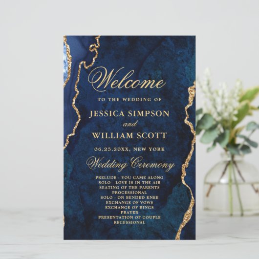 Blue Golden Marble Agate Wedding Ceremony Program (Staand voorkant)