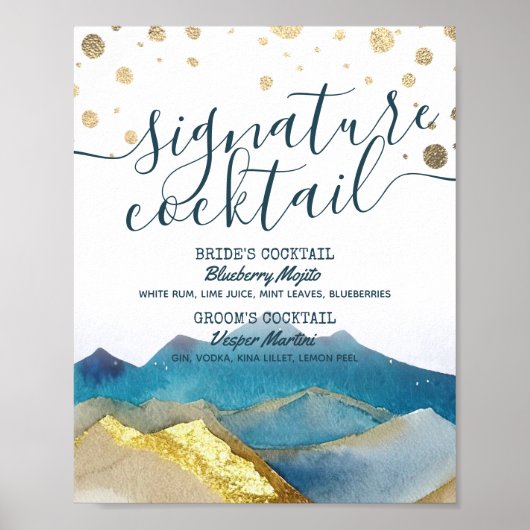 Blue Golden Mountains Wedding Signature Drink Menu Poster (Voorkant)
