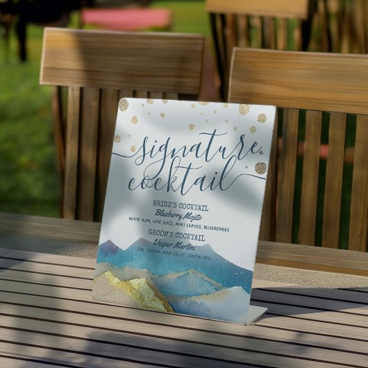 Blue Golden Mountains Wedding Signature Drink Menu Reclamebord Met Voetstuk