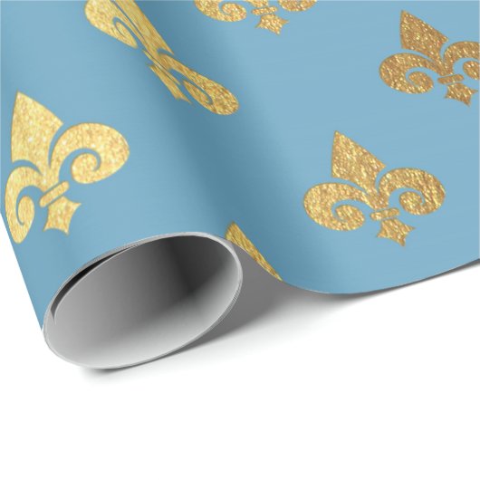 Blue Golden Royal Fior De Lise Ornament Heraldisch Cadeaupapier (Rol Hoek)