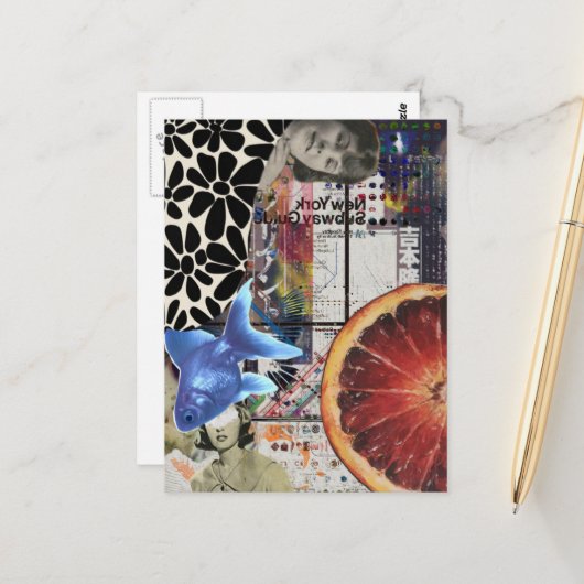 Blue Goldfish Mixed Media Collage Briefkaart (Voorkant / Achterkant in situ)