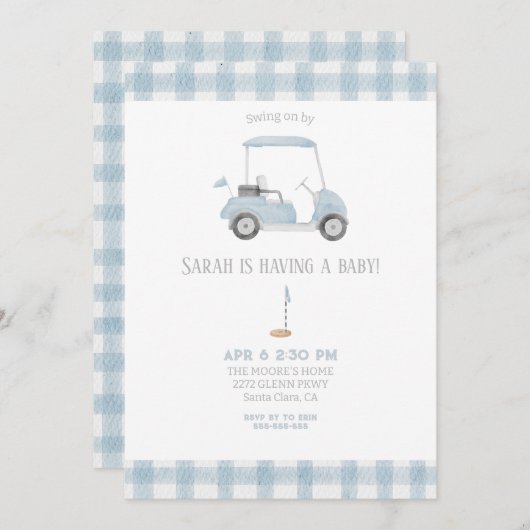 Blue Golf Cart baby shower Uitnodiging (Voorkant / Achterkant)