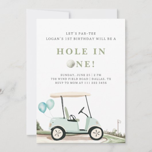 Blue Golf Cart Boy Eerste Verjaardag Uitnodiging (Voorkant)