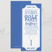 Blue Golf Ticket Golf Birthday Party Invitation Kaart (Voorkant / Achterkant)