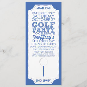 Blue Golf Ticket Golf Birthday Party Invitation Kaart