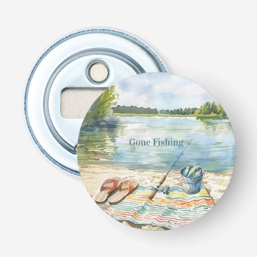Blue Gone Fishing Bucket Lake Button Flesopener (Voorkant)