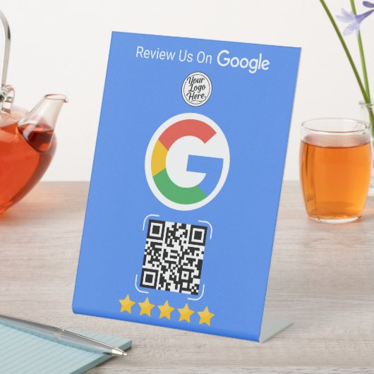 Blue Google Review Business Stand with QR Code Reclamebord Met Voetstuk (Insitu)