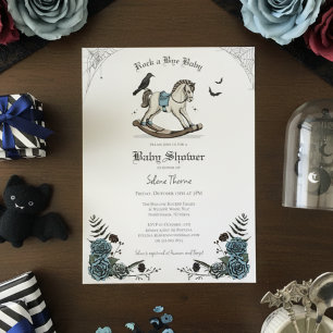 Blue Gothic Floral Rocking Horse Baby shower Kaart