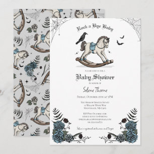 Blue Gothic Floral Rocking Horse Baby shower Kaart
