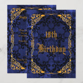 Blue Gothic & Gold Framed 18th Birthday Kaart (Voorkant / Achterkant)