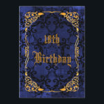 Blue Gothic & Gold Framed 18th Birthday Kaart<br><div class="desc">Elegant gepersonaliseerd / gepersonaliseerd op maat Gothic 18th Birthday party viering uitnodigingen voor vrouwen. Met een prachtig gouden lijst van zwammen en een verbluffend zwart demaspatroon bedrukt op een decoratieve abstracte blauwe achtergrond. Het omgekeerde van deze coole Gothische verjaardagsuitnodiging heeft het zelfde ontwerp met genoeg ruimte voor u om met...</div>