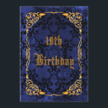 Blue Gothic & Gold Framed 18th Birthday Kaart<br><div class="desc">Elegant gepersonaliseerd / gepersonaliseerd op maat Gothic 18th Birthday party viering uitnodigingen voor vrouwen. Met een prachtig gouden lijst van zwammen en een verbluffend zwart demaspatroon bedrukt op een decoratieve abstracte blauwe achtergrond. Het omgekeerde van deze coole Gothische verjaardagsuitnodiging heeft het zelfde ontwerp met genoeg ruimte voor u om met...</div>
