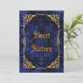 Blue Gothic & Gold Framed Sweet 16 Kaart (Staand voorkant)