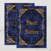 Blue Gothic & Gold Framed Sweet 16 Kaart (Voorkant / Achterkant)