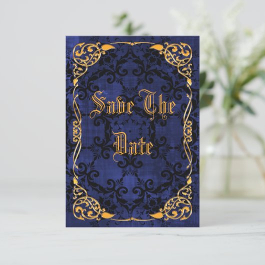 Blue Gothic & Gold Framed Sweet 16 Save the Date (Staand voorkant)