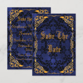 Blue Gothic & Gold Framed Sweet 16 Save the Date (Voorkant / Achterkant)