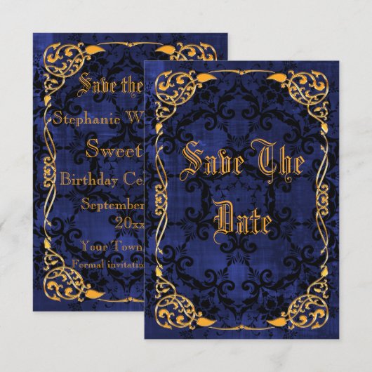 Blue Gothic & Gold Framed Sweet 16 Save the Date (Voorkant / Achterkant)