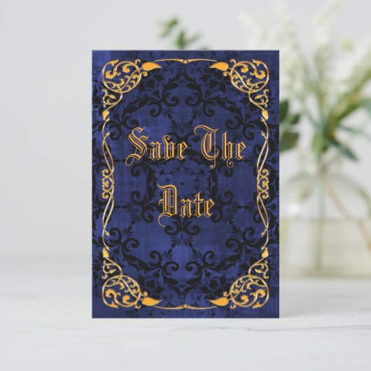 Blue Gothic & Gold omgeven 50th Save the Date (Staand voorkant)
