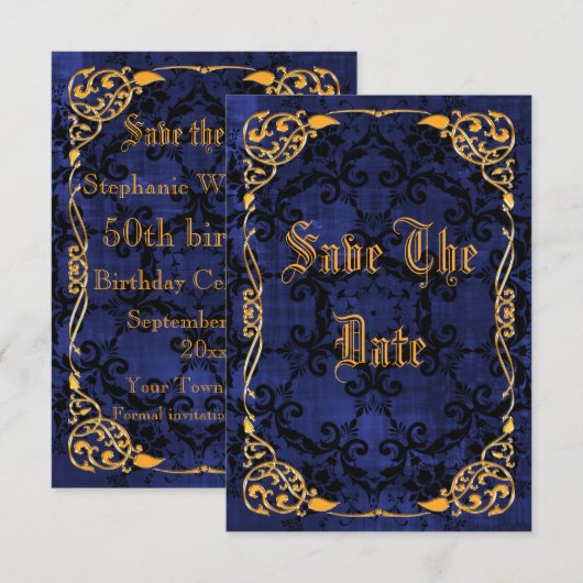 Blue Gothic & Gold omgeven 50th Save the Date (Voorkant / Achterkant)