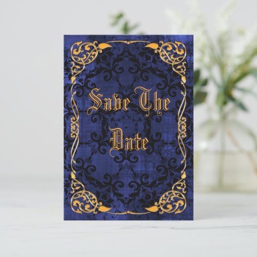 Blue Gothic & Gold-omhuld 45th Save the Date (Staand voorkant)