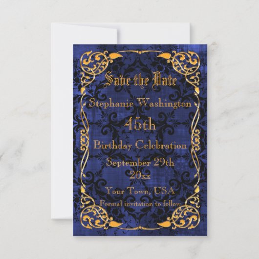 Blue Gothic & Gold-omhuld 45th Save the Date (Achterkant)