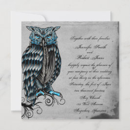 Blue Gothic Owl Posh Wedding Invitation Kaart