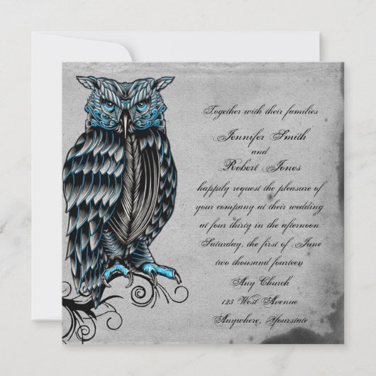 Blue Gothic Owl Posh Wedding Invitation Kaart (Voorkant)