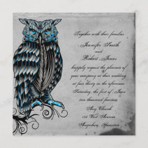 Blue Gothic Owl Posh Wedding Invitation Kaart