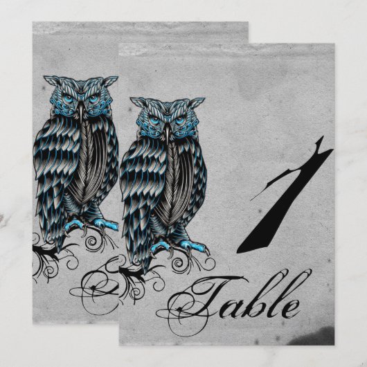 Blue Gothic Owl Posh Wedding Table Number Kaart (Voorkant / Achterkant)