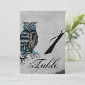 Blue Gothic Owl Posh Wedding Table Number Kaart (Staand voorkant)