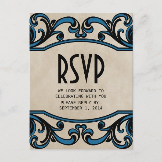 Blue Gothic Swirls RSVP Briefkaart (Voorkant)