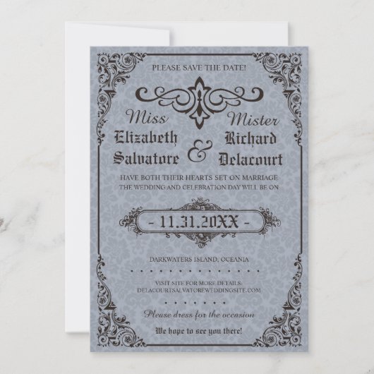 Blue Gothic Victoriaans Damask bewaar de data Save The Date (Voorkant)