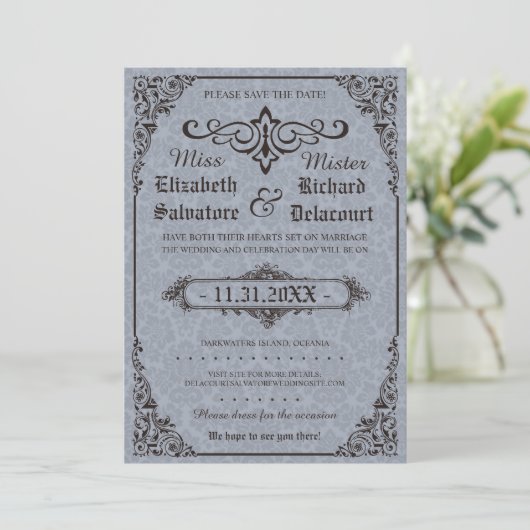 Blue Gothic Victoriaans Damask bewaar de data Save The Date (Staand voorkant)