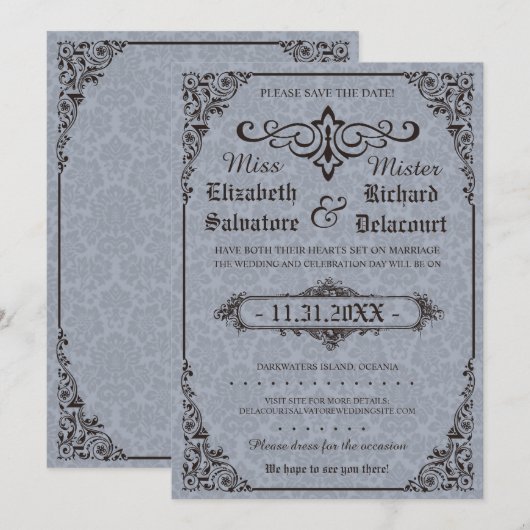 Blue Gothic Victoriaans Damask bewaar de data Save The Date (Voorkant / Achterkant)