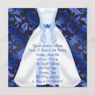 Blue Gown Blue Damask Quinceanera Verjaardagsfeest Kaart