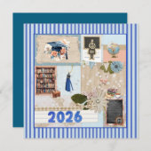 Blue Grad 2026, Girl, Cap, Tassel, Bookcase, Globe Feestdagenkaart (Voorkant / Achterkant)