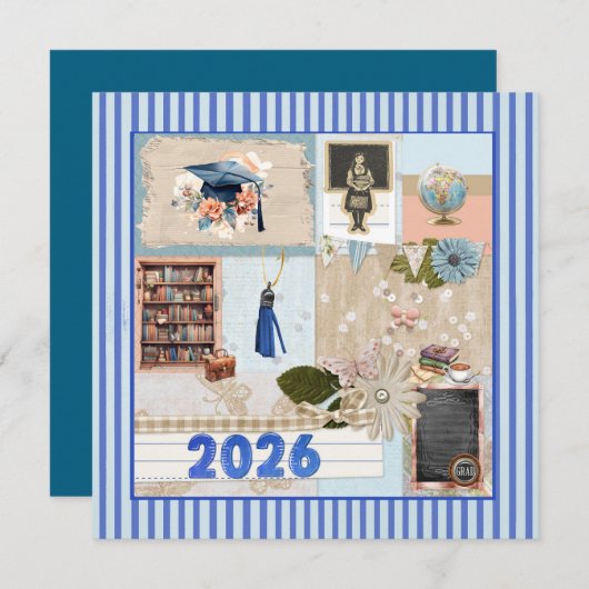 Blue Grad 2026, Girl, Cap, Tassel, Bookcase, Globe Feestdagenkaart (Voorkant / Achterkant)