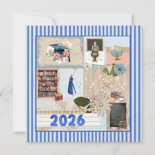 Blue Grad 2026, Girl, Cap, Tassel, Bookcase, Globe Feestdagenkaart (Voorkant)