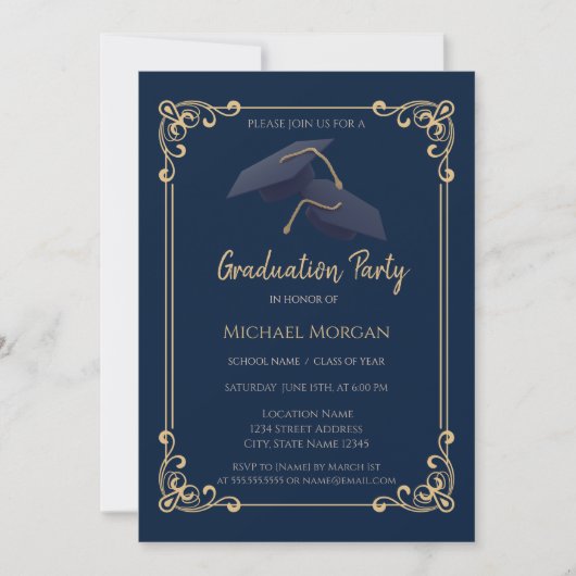 Blue Grad Cap Frame Navy Blue Graduation Kaart (Voorkant)