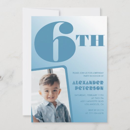Blue Gradient 6e verjaardag uitnodigingen Foto (Voorkant)