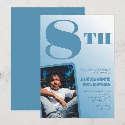 Blue Gradient 8e verjaardag uitnodigingen Foto (Voorkant / Achterkant)