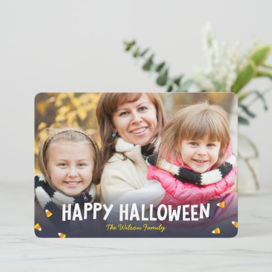 Blue Gradient Candy Corn Photo Happy Halloween Kaart (Staand voorkant)