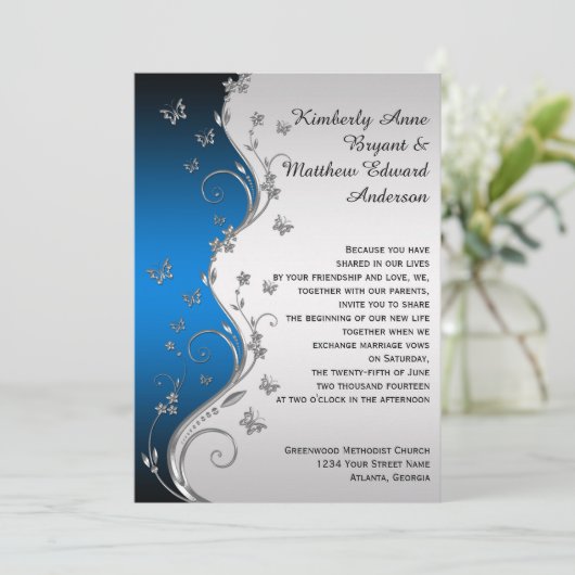 Blue Gradient Silver  Butterflies Wedding Kaart (Staand voorkant)