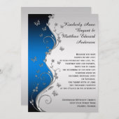 Blue Gradient Silver  Butterflies Wedding Kaart (Voorkant / Achterkant)