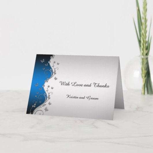 Blue Gradient Silver Ornate Butterflies Wedding Bedankkaart (Voorkant)