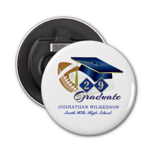 Blue Graduation Cap Football, op maat gemaakt Button Flesopener