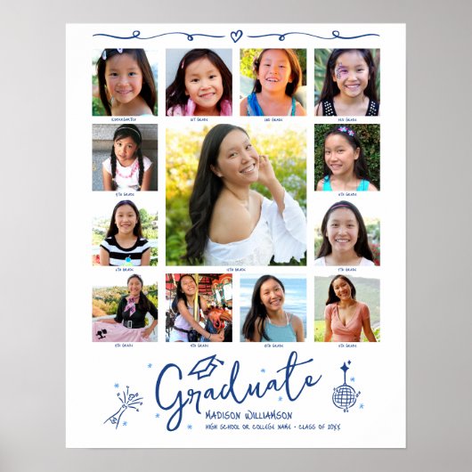 Blue Graduation K–12 Photo Collage Doodles White Poster (Voorkant)