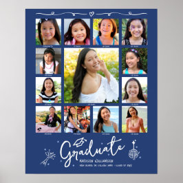 Blue Graduation K–12 Photo Collage White Doodles Poster