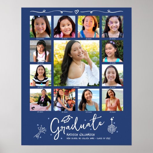 Blue Graduation K–12 Photo Collage White Doodles Poster (Voorkant)